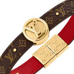 LOUIS VUITTON® - Lv Circle Reversible Bracelet - Monogram Rouge Louis Vuitton Leather Bracelet, Louis Vuitton Jewellery, Metal Trunk, Metal Trunks, Louis Vuitton Bracelet, Louis Vuitton Jewelry, Circle Monogram, Louis Vuitton Official, Color Dorado