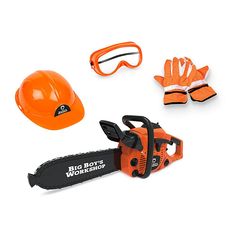 an orange helmet, gloves and chainsaw on a white background with the words big boys work shop