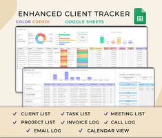 the enhanced client trackerr for google sheets is shown in three different colors and sizes