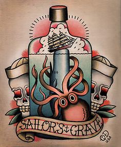 an octopus and ship tattoo design on a tan background with the words sailors & grant