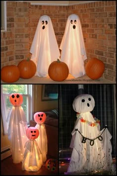 three different pictures of halloween decorations and pumpkins in the shape of ghostes with faces on them