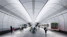 a subway station with people walking and riding bikes