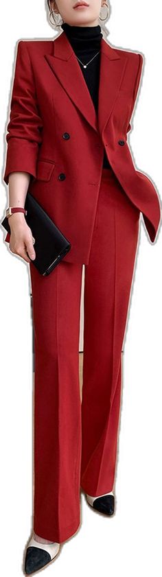 Chic Red Semi-formal Suit, Chic Red Suits For Fall, Red Notch Lapel Sets For Workwear, Red Workwear Sets With Notch Lapel, Elegant Red Formal Pants, Elegant Red Business Pants, Red Notch Lapel Pantsuit For Fall, Chic Red Suits For The Office, Chic Red Notch Lapel Suits