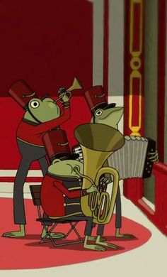 an animated image of two people playing musical instruments in a room with red walls and carpet