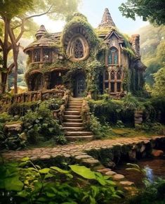 a house in the woods with lots of plants growing out of it's windows