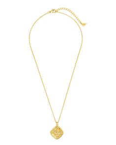 Indulge in the intricate floral embossing and sparkling CZ stones of the Ophelia Pendant Necklace. This elegant necklace is a luxurious addition to any ensemble, adding understated glamour and sophistication. Elevate your style with this exclusive piece that exudes artful beauty. Material: 14K gold or rhodium plated brass, cubic zirconia Features: Measures 16" with 2" extender, 1" pendant, 1mm CZ stones, 1.25mm chain, Lead & Nickel free, lobster clasp Elegant Locket Necklace With Coin Pendant, Elegant Medallion Chain Necklace As Gift, Opulent Gold Necklace For Gift, Elegant Medallion Chain Necklace For Gift, Elegant Pendant Medallion Necklace For Formal Occasions, Elegant Engraved Pendant Chain Necklace, Elegant Jewelry With Delicate Chain And Medallion, Formal Flower Pendant Necklace With Intricate Design, Elegant Pendant Chain Necklace