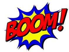 the word boom is written in red and blue with an explosion effect on it's side