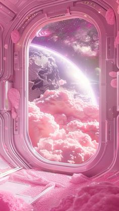 an open window with pink clouds and the earth in the distance, as seen from inside a space station