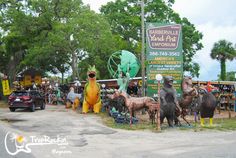 there are many statues of horses in front of the sign for an animal park that is open