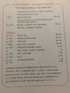 the menu for different spinach salads is shown in red and black ink on white paper