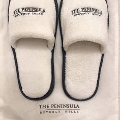 New / Never Worn Terry Cloth Padded Slippers White With Navy Blue Embroidered Logo & Trim 10 1/2” Long Rubber Soles New Comes With Zippered Pouch Hills Shoes, Hotel Slippers, Slippers White, Club Branding, Peninsula Hotel, Hotel Branding, Cloth Pads, Zippered Pouch, House Slippers