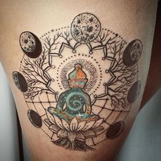 a woman's thigh with an artistic tattoo on it