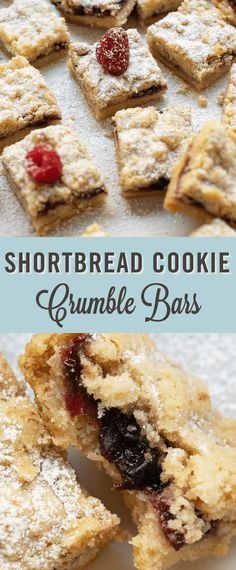 shortbread cookie crumble bars with raspberries and powdered sugar