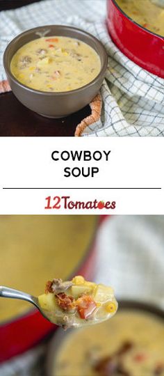 cowboy soup in a red bowl and two images with text overlay that reads, 12 tomatoes