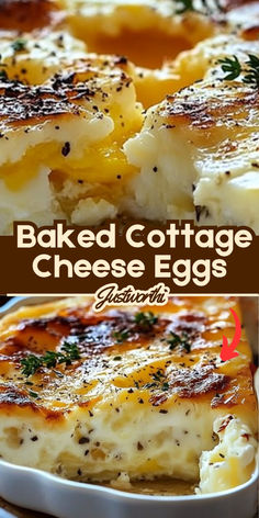 baked cottage cheese egg casserole in a white dish with the title above it