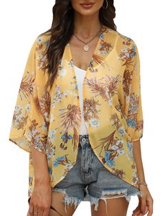 PRICES MAY VARY. High quality chiffon with silky-smooth touch, soft fashion style kimono cover up for women casual outfit, breathable and comfortable for beach wear, Casual lightweight outwear Chiffon Kimono Cardigan: floral print, boho style, short sleeve and open front for beach swim wear, flowy loose fit kimono cover up for casual outfit Perfect for throwing on over your tee shirt and cut off shorts, over a tunic and Leggings, or a skin tight little black dress, elegant women kimono for daily Casual Sheer Summer Cover-up, Chic Spring Layering Cover-up, Chic V-neck Summer Kimono, Spring Summer V-neck Cardigan, Spring Flowy Wrap Cover-up, Flowy V-neck Cardigan For The Beach, Bohemian Chiffon V-neck Cover-up, Chiffon Beach Blouse For Fall, Trendy Chiffon Beach Tops