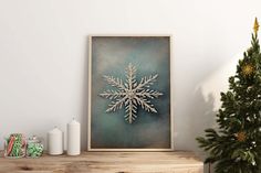 a snowflake is displayed on a shelf next to a christmas tree and candles