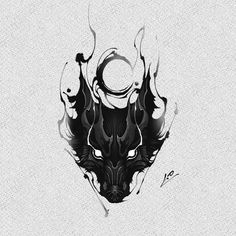 a black and white drawing of a demon head with flames on it's face