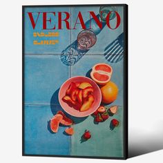 an advertisement for verano orange juice on a blue tiled floor with strawberries in a bowl