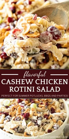 a bowl filled with pasta, nuts and cranberries next to the words cashew chicken rotini salad