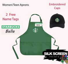 starbucks apron and hat with two free name tags for starbuckss, starbucks bella, starbucks