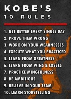 a poster with the rules for kobe's 10 rules in red and black