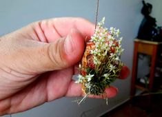 a person is holding some tiny flowers in their hand