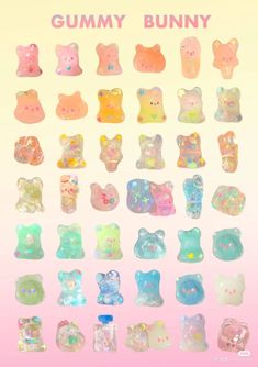 the gummy bunny collection is shown in pastel colors and features different types of bears