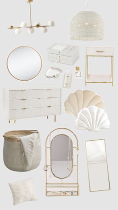 a white and gold bedroom with lots of items on the wall, including a mirror, dresser