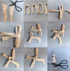 several different pictures of various items made out of sticks and rope, with scissors on each side