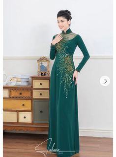 Brand New High Quality Vietnamese Ao Dai with Matching Pants.  Free Fast Priority shipping (1-3 days delivery) via USPS. Size Bust/ChestWaist S32in/81cm27in/68cm M33in/83cm28in/71cm L35in/89cm29in/74cm XL36.5in/93cm32in/81cm 2XL38in/96cm34in/86cm 3XL40in/102cm36in/91cm 4XL42in/107cm38in/96cm 5XL44in/112cm40in/102cm 6XL45in/115cm 41in/104cm Ao Dai Length is 56-57in Pants length 44in  Chiffon Ao Dai and Satin Pants  Please note:  Almost all Ao Dai have some sewing Chalk Marks because these are Bra Green Ao Dai, Couple Dress Matching, Ao Dai Vietnamese, Modern Ao Dai, Couple Dress, Garment Cover, Modern Couple, Satin Pants, Leaves Pattern