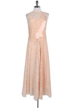 Current Boutique-Rebecca Taylor - Blush Lace Maxi Dress Sz 2 Delicate Spring Dress With Lace Bodice, Spring Delicate Dress With Lace Bodice, Feminine Silk Dresses With Delicate Lace, Delicate Lace Bodice Dress For Spring, Peach Dress With Fitted Bodice For Wedding, Peach Wedding Dress With Fitted Bodice, Silk Evening Dress With Lace Patchwork, Evening Silk Dress With Lace Patchwork, Elegant Apricot Evening Dress