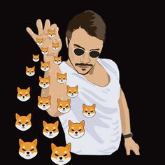 a man wearing sunglasses is surrounded by small orange and white corgis on his arm