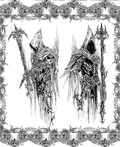 two black and white drawings of demonic creatures