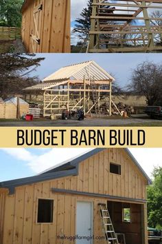 two pictures showing different stages of building a barn