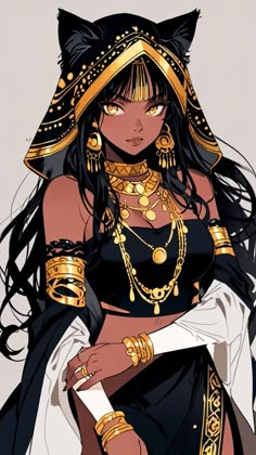 an anime character with long black hair and gold jewelry