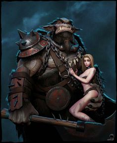 a naked woman standing next to a giant creature