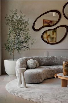 a living room filled with furniture next to a wall mounted mirror and potted plant