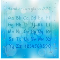 the letters and numbers are written in water droplets on a blue background with white bubbles