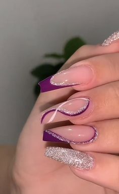 Purple Acrylic Nails, Purple Nail Designs, Purple Acrylic, Fancy Nails Designs, Sparkle Nails, White Nail, Prom Nails