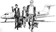 two men walking towards an airplane with luggage on the ground and one man in sunglasses