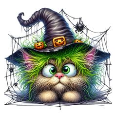 a cat wearing a witches hat with green hair and pumpkins on it's head