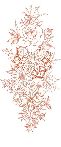 a drawing of flowers and leaves on a white background