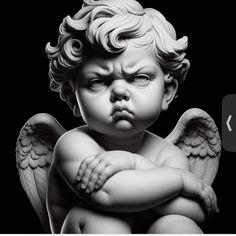 a black and white photo of a baby with an angel's head on it