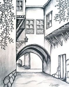 a pencil drawing of an alleyway with trees and buildings on either side by itself