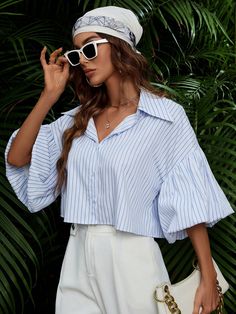 Blue and White Casual Collar Half Sleeve Polyester Striped Shirt Embellished Non-Stretch  Women Clothing Women Shirt Designs, Drop Shoulder Shirt, Casual Stripes, Modest Fashion Outfits, Looks Chic, Mode Inspo, Fashion Design Clothes, Kids Beachwear, Striped Blouse