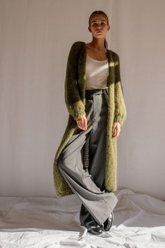 "The Airy Mohair Coat -- an open-front, long raglan cardigan, hand knit with luxurious kid mohair.  The perfect addition to your wardrobe for when you need an extra layer of warmth, but don't want to feel weighed down. Loosely knit with our signature kid mohair, it's lightweight and soft, making it a dream to wear.  The ultimate blend of comfort and style, it will be your favorite cardigan season after season. Handcrafted in Greece. DETAILS * Super soft, premium quality Italian mohair * Composit Big Cardigan Outfit Aesthetic, Knitting Long Cardigan, Knitted Long Cardigan For Fall, Long Knit Cardigan For Fall, Long Cardigan For Fall, Long Knit Cardigan Outfit, Mohair Cardigan Outfit, Layered Clothes Aesthetic, Long Knitted Vest