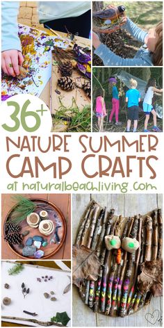 the collage shows pictures of nature crafts and activities for kids to do with them