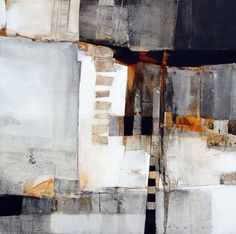 an abstract painting with different colors and shapes, including black, white, gray and yellow