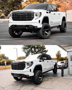 two different views of a white truck parked in a parking lot